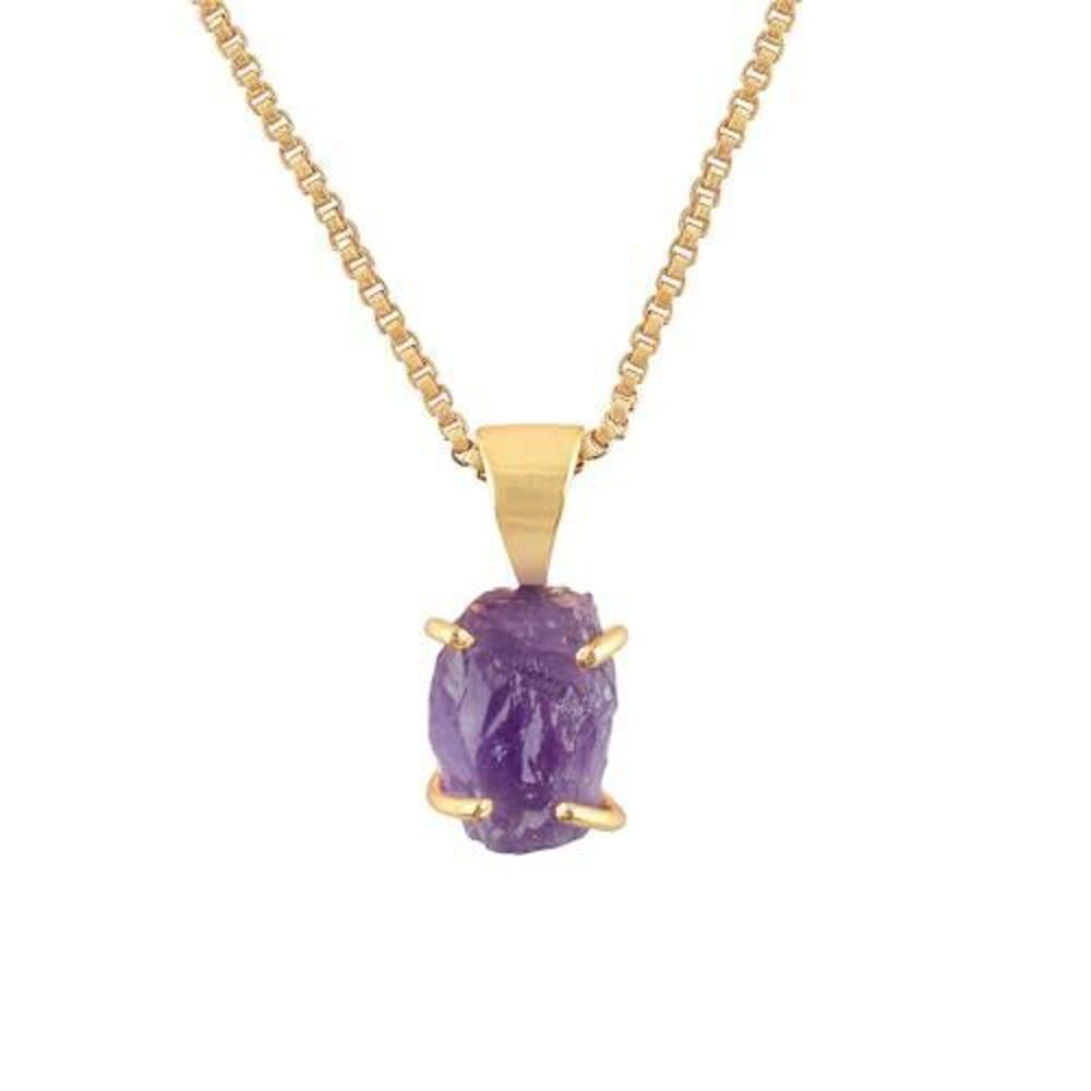 2577 Natural Raw Purple Amethyst Pendant Necklace , 18K Gold Plated